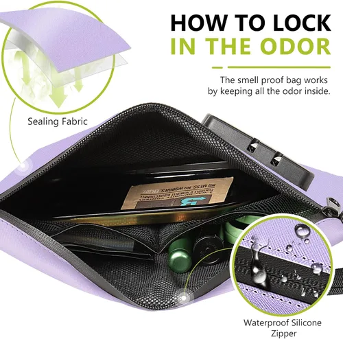 Vista 9 de OZCHIN Bolsa a prueba de olores con cerradura de combinación de 10 x 7 pulgadas, bolsa de bloqueo de piel sintética impermeable con cerradura, gran