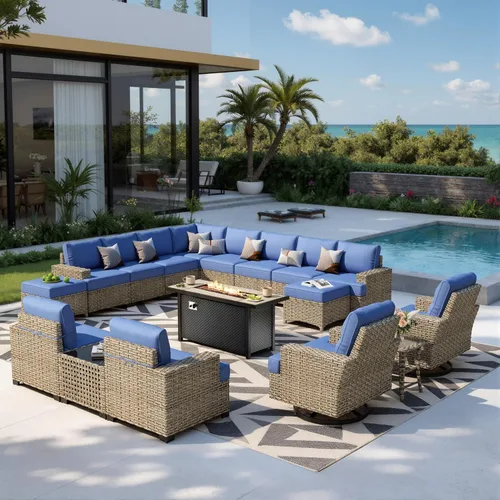 Vista 33 de HOOOWOOO Juego de muebles seccionales de patio con mesa de luz solar, 6 piezas de mimbre para exteriores, sofá en forma de L, juego de conversación