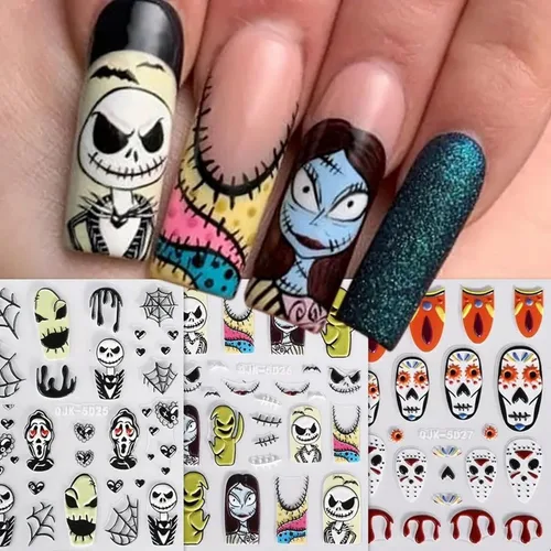 Vista 19 de 8 hojas de calcomanías de uñas de Halloween con diseños de fantasmas lindos, calabaza, araña, telaraña, sangre, llama 3D, autoadhesivas, Otoño