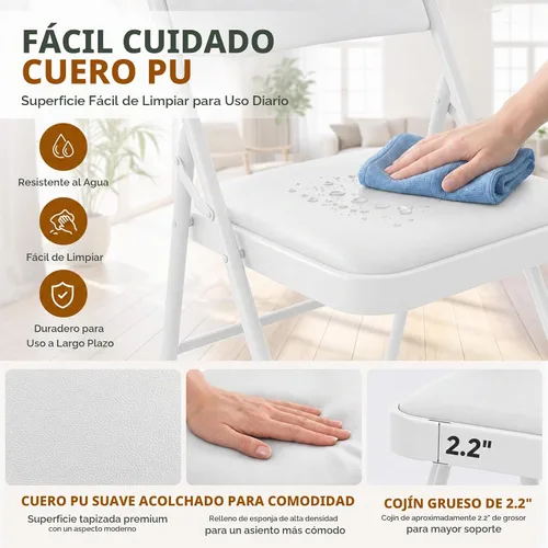 Vista 4 de Paquete de 4 sillas plegables blancas con cojín acolchado para exteriores, sillas plegables de metal comerciales apilables portátiles con marco