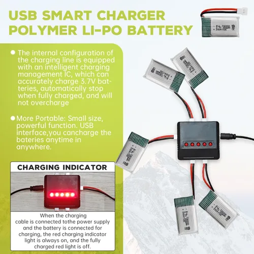 Vista 3 de Batería de litio de 5 unidades de 3.7 V 300 mAh 25C con cargador 5 en 1 para Syma X11 X11C WLToys V911S A120 XK A150 V966 FX801 UDI U830 U816A