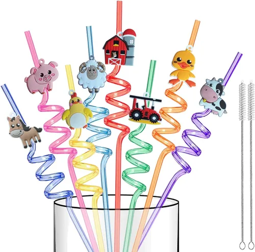 Vista 6 de Suministros reutilizables para fiesta de cumpleaños con tema de construcción - 16 piezas de pajitas de plástico para beber con temática