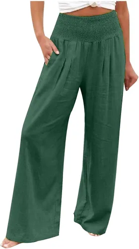 Vista 47 de SHAOBGE Pantalones palazzo de verano para mujer, cintura alta, pierna ancha, casual, cintura elástica, pantalones de playa con bolsillos