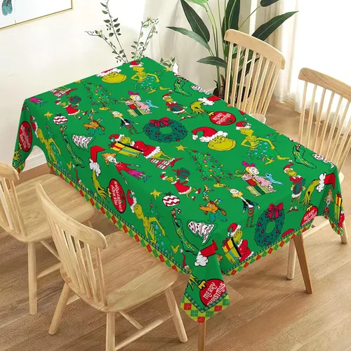 Vista 6 de Mantel de Navidad con elfo verde de Navidad, decoración de fiesta de cumpleaños, hogar, cocina, comedor, mesa rectangular (60 x 84 pulgadas)