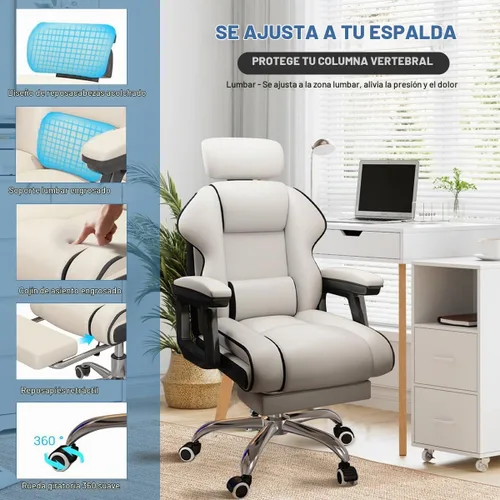 Vista 4 de Silla ejecutiva para computadora, silla de escritorio para oficina en casa, ángulo ajustable, ergonómica, de altura ajustable, sillas de piel Blanco