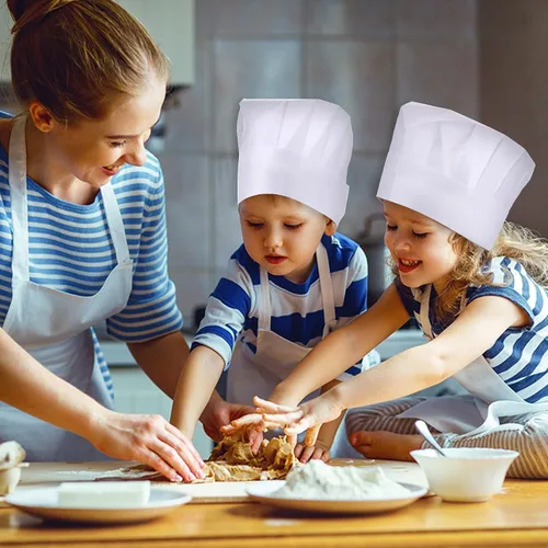 Vista 4 de ESHATO Sombreros de chef para niños, adultos, tela no tejida, ajustable, para el hogar, cocina, juego de tapas para cocinar, hornear, recuerdos