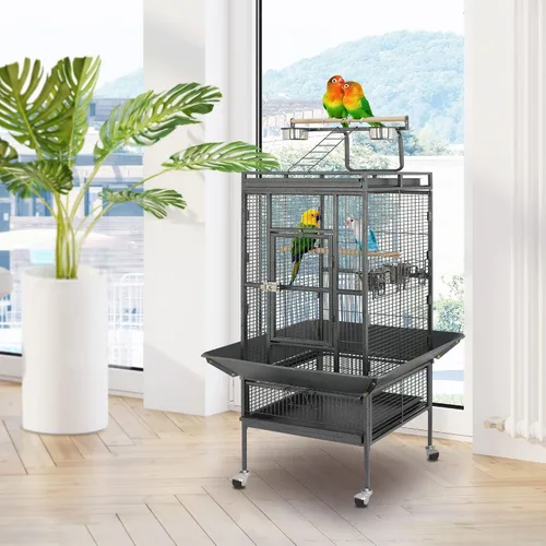 Vista 2 de SUPER DEAL PRO Jaula Grande para Pájaros 2 en 1 de 61 pulgadas con Soporte Rodante Playtop Loro Chinchilla Pinzón Guacamayo Conure Cacatúa Cockatoo