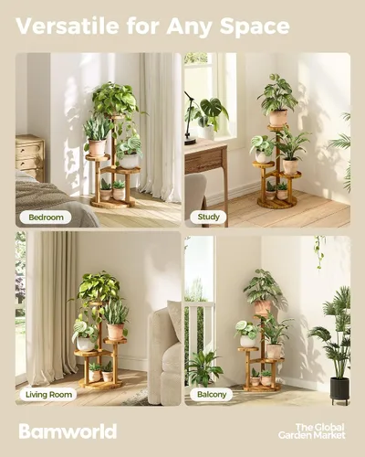 Vista 6 de Bamworld Soporte para plantas de 3 niveles para interiores, estante esquinero de madera para múltiples plantas, soporte redondo pequeño para flores