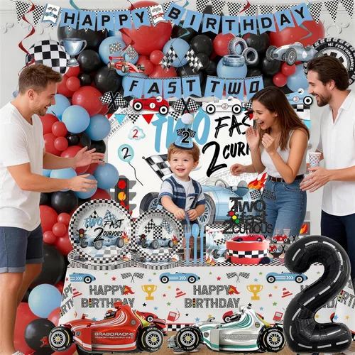 Vista 3 de Dos decoraciones de cumpleaños de 2º cumpleaños de auto de carreras rápidas, incluyen plato, taza, servilleta, telón de fondo, pancarta, mantel
