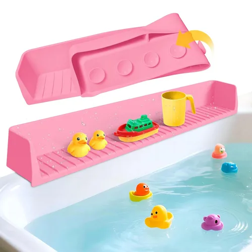 Vista 9 de Protector contra salpicaduras para bañera para niños, protector contra salpicaduras de bañera de silicona con 11 ventosas, estante de juego
