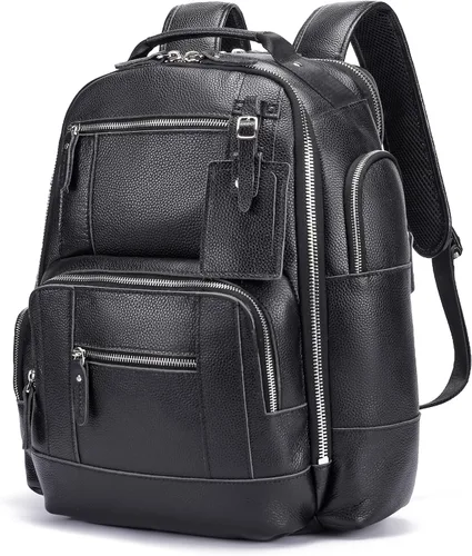 Vista 10 de Lannsyne Mochila vintage de cuero de grano completo para hombre de 15.6 pulgadas, mochila para laptop de camping y viajes, mochila de 24 L, Marrón
