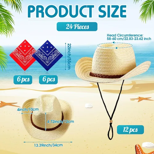 Vista 3 de SATINIOR - Juego de 12 sombreros de vaquero de paja y bandanas para fiesta, sombrero de vaquero para fiesta, disfraz y bandana, accesorios