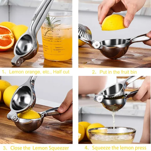 Vista 3 de Exprimidor de limón resistente, exprimidor de cítricos de metal de máximo rendimiento de jugo y prensa manual de lima, herramienta de cocina y bar