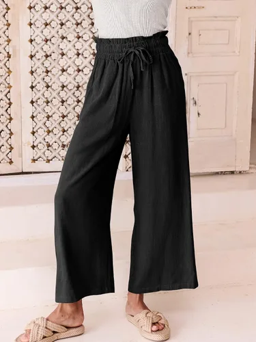 Vista 7 de ANRABESS Pantalones de lino para mujer, estilo casual, holgados, cintura alta, cordón de pierna ancha, pantalones capri palazzo con bolsillos