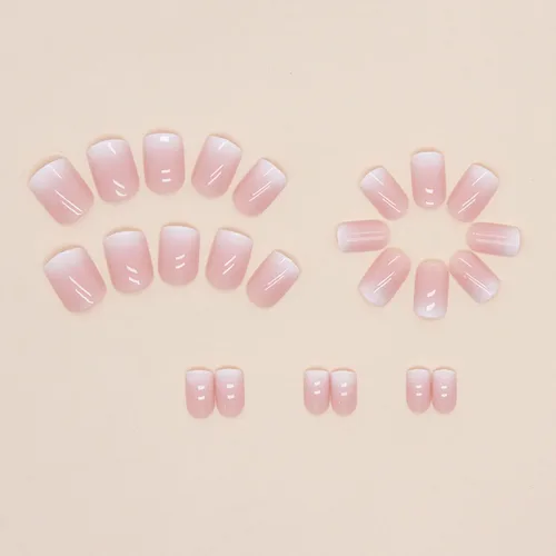 Vista 3 de Kit de uñas postizas cuadradas cortas y degradadas, color rosa, brillantes, reutilizables, con pegamento, de ajuste natural, uñas acrílicas