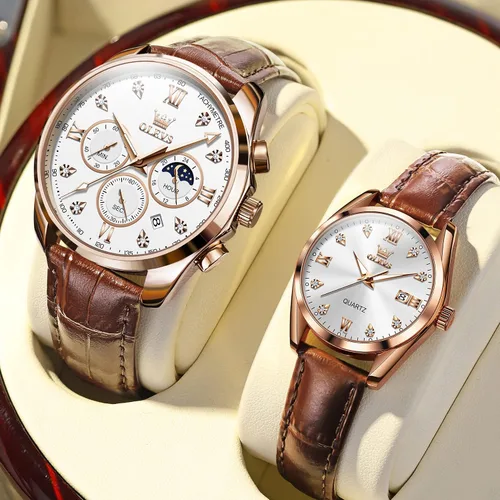Vista 27 de OLEVS Juego de 2 relojes de cuarzo para parejas de San Valentín, para él y ella, cronógrafo de cuero, con diamantes para hombres, mujeres, amantes