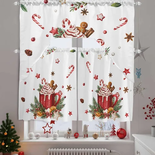 Vista 13 de Feliz Navidad, cenefa con cenefa con dobladillo para barra, paneles de cortina para dormitorio, sala de estar, baño, cafetería, ventanas, flores