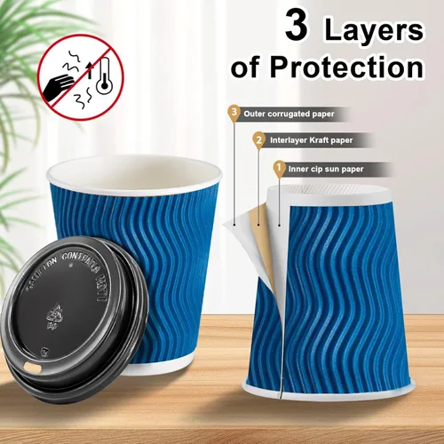 Vista 3 de Clawsoff Paquete de 100 tazas de café con tapas, de 8 onzas, desechables, aisladas, onduladas, para bebidas frías/calientes, oficina, hogar, tienda