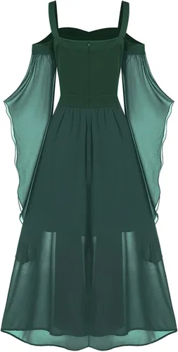 Vista 3 de Vestido gótico renacentista para mujer, talla grande, con cordones, hombros descubiertos, camisola steampunk, manga mariposa, vestidos de Halloween