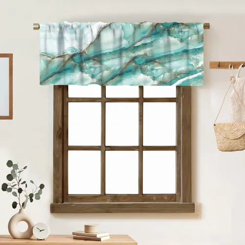 Vista 12 de Cortina de cenefa de mármol verde con venas doradas de mármol negro, diseño abstracto de lujo, elegante cenefa con bolsillo para barra, 1 panel