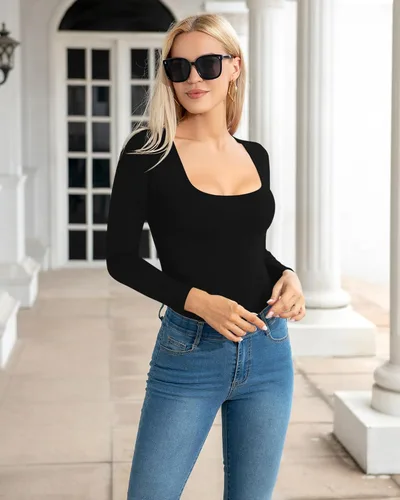 Vista 4 de Allchic Body básico de manga larga con cuello redondo para mujer