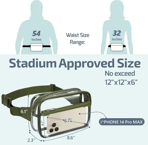 Vista 3 de Veckle Riñonera transparente Bolsa de cinturón transparente aprobada para estadios para mujeres y hombres, bolsa grande cruzada transparente