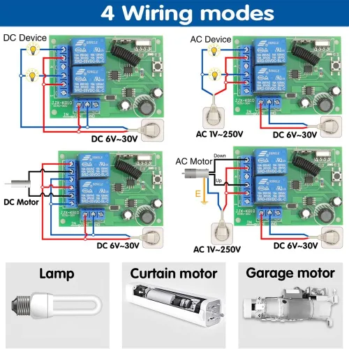 Vista 4 de DieseRC DC 12V 24V 30V Interruptor de control remoto seguro universal inalámbrico 433Mhz RF Placa receptora de relé de 10A con 2 llaveros
