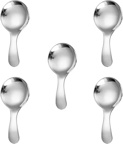 Vista 10 de 5 cucharas de mango corto, mini cucharas de acero inoxidable, cuchara redonda gruesa para condimentos de sal, postre, té, café (negro)