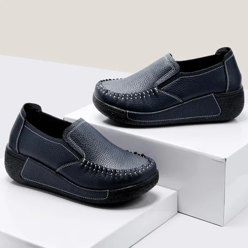 Vista 24 de UZB Mocasines de cuero sin cordones para mujer, cómodos zapatos de plataforma casuales