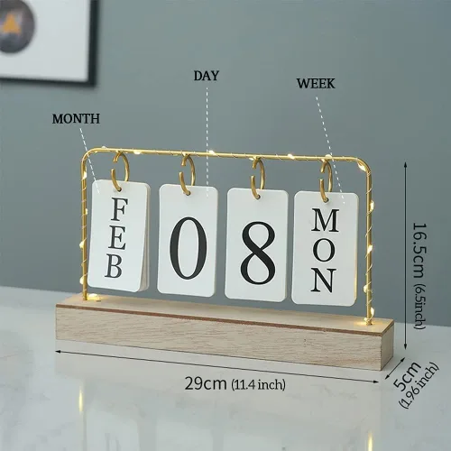 Vista 2 de Calendario perpetuo de madera abatible con soporte de metal dorado con papel calendario diario mensual con luz para la oficina diaria, decoración