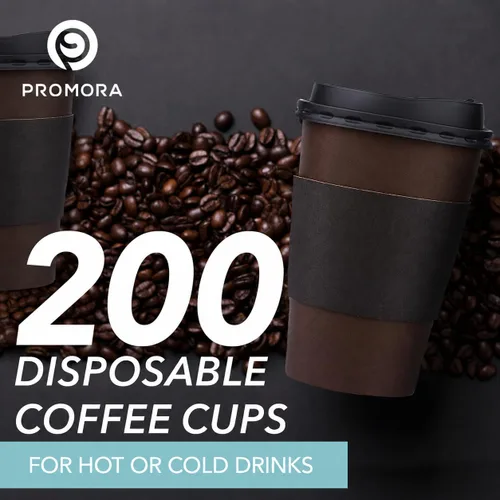 Vista 3 de Promora Tazas de café desechables marrones de 8 onzas con tapas y mangas, fundas desechables para tazas de café caliente, tazas de papel de café