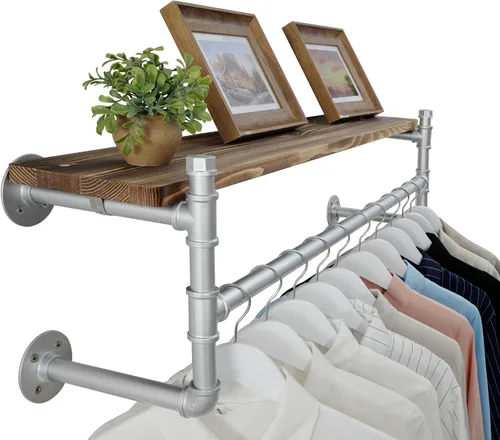 Vista 19 de WEBI Perchero de pared con estante, perchero industrial de 24 pulgadas con estantes, barra de ropa de hierro resistente, barra de ropa de exhibición