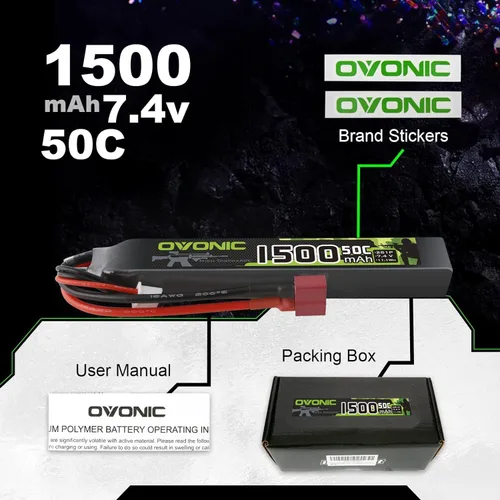 Vista 5 de OVONIC Lipo Batería 7.4v 1500mAh 2S 50C Lipo Batería con T Plug (2 unidades)