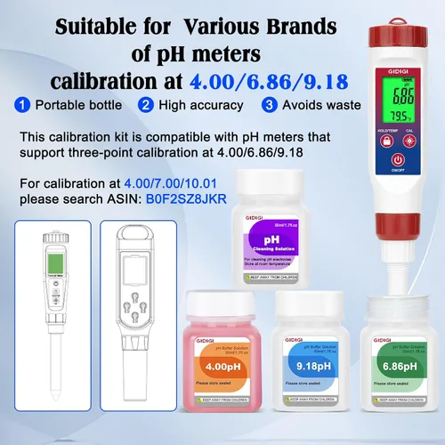 Vista 2 de pH Buffer Calibration Solution 4.00/6.86/9.18 pH Calibration Kit with Cleaning Solution Small Portable Packaging Pre-Mixed Standard Liquid for pH