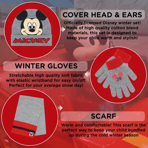 Vista 2 de Mickey Mouse - Gorro de invierno para niños bufanda y guantes de nieve juego de 3 piezas suave y cálido para exteriores para niños y niños pequeños