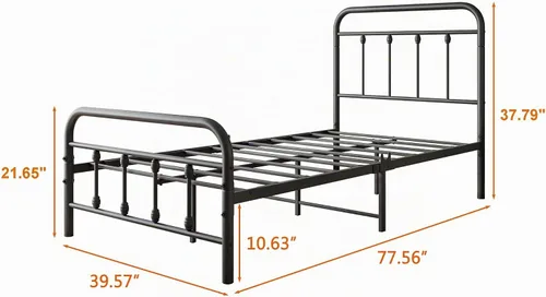 Vista 2 de Base de cama de tamaño individual vintage con cabecera y estribo, plataforma de metal resistente, soporte de listones de acero