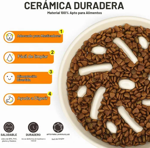 Vista 3 de Cuenco de cerámica para perros de alimentación lenta, 2 tazas de plato de Laberinto - Blanco
