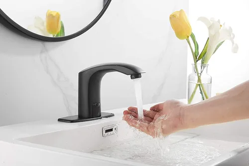 Vista 3 de Grifo de baño automático negro activado por movimiento, sin contacto, bañera, lavabo, lavabo, aireador, un agujero, mezclador de latón, desagüe