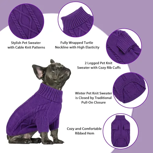 Vista 10 de Queenmore - Suéter de punto trenzado con cuello alto para perros pequeños, para climas fríos, para chihuahua, bulldog, teckel, carlino y yorkie, XS