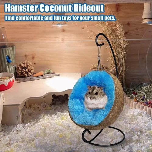 Vista 3 de Fhiny Hamaca escondida de hámster de coco, casa de cama de cáscara de coco cruda natural con almohadilla cálida, decoración de hábitat de animales
