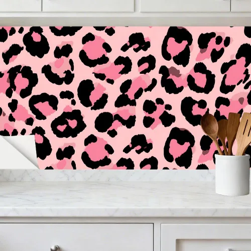 Vista 4 de 1 papel pintado de leopardo rosa de 39.37 x 15.75 pulgadas, autoadhesivo de PVC, mural con estampado de animales para dormitorio, sala de estar
