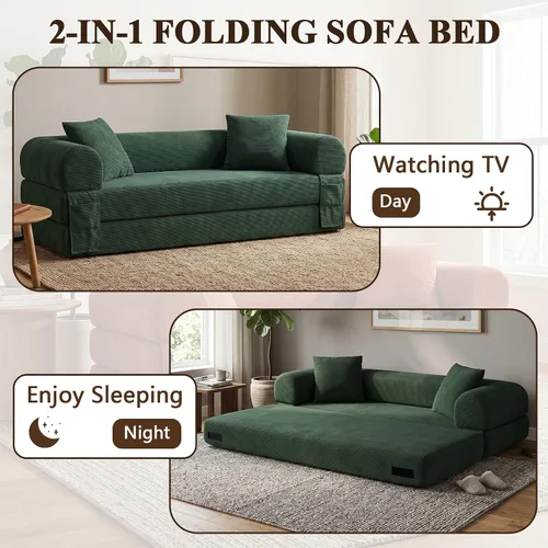 Vista 3 de Anwick Sofá cama convertible sin hueso de 80 pulgadas, sofá cama 3 en 1, tamaño Queen para sala de estar, estudio, apartamento, pana, espuma Verde