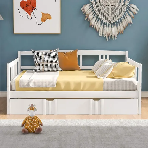 Vista 16 de P PURLOVE Sofá cama individual de madera con rieles, cama individual, listones de madera que soportan la vida moderna, individual, espresso
