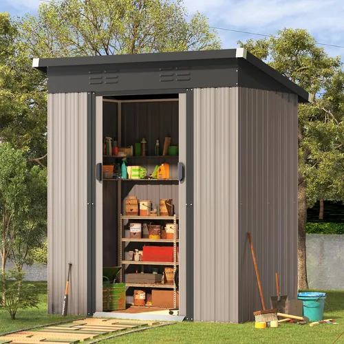 Vista 10 de AECOJOY Cobertizo de almacenamiento de metal para exteriores de 3 x 5 pies, cobertizo de herramientas de jardín resistente con puerta de gran