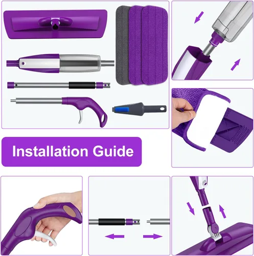Vista 7 de Trapeador de microfibra para limpieza de pisos, trapeador de piso reutilizable con 3 almohadillas lavables, trapeador plano de botella recargable