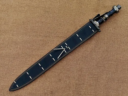 Vista 6 de Espada vikinga de acero de Damasco forjada a mano, espada medieval hecha a mano con funda de cuero.
