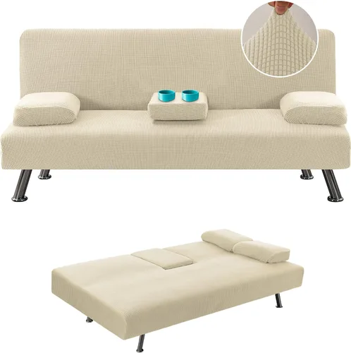 Vista 12 de LiveGo Funda para futón, 4 piezas, elásticas, para futón, sofá cama, con reposabrazos extraíbles y portavasos, protector de muebles, tela jacquard