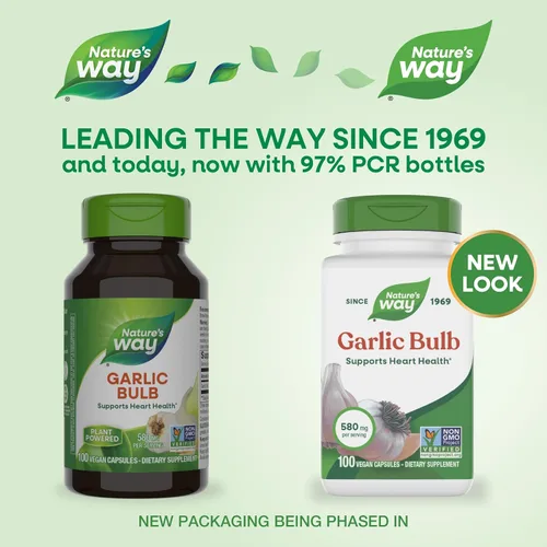 Vista 2 de Nature's Way Bombilla de ajo, apoya la salud del corazón*, proyecto verificado sin OMG, 580 mg por porción, vegano, 100 cápsulas