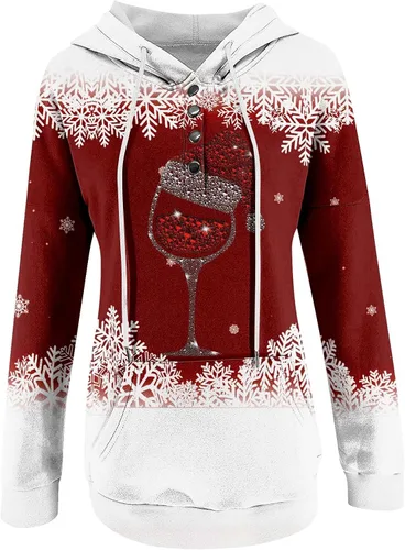 Vista 4 de Sudadera para mujer, con estampado de botones de Navidad, con capucha, cordón de Navidad, manga larga, bolsillo