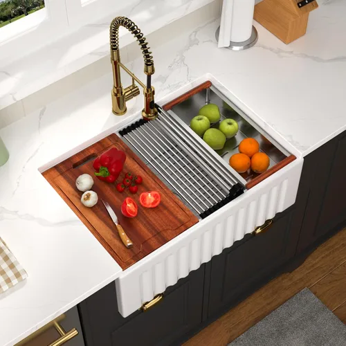 Vista 17 de Fregadero de 33 unidades de arcilla refractaria de 33 x 20 x 10 pulgadas, color blanco, fregadero de cocina de porcelana de cerámica, estilo casa
